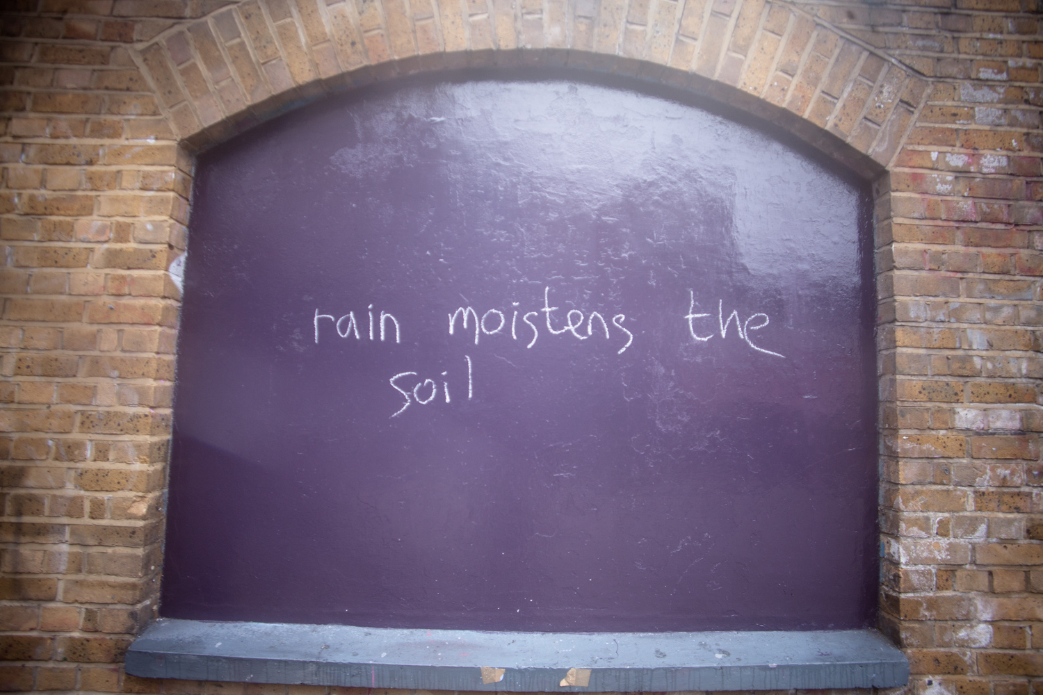 rain moistens the soil chalked onto a purple wall